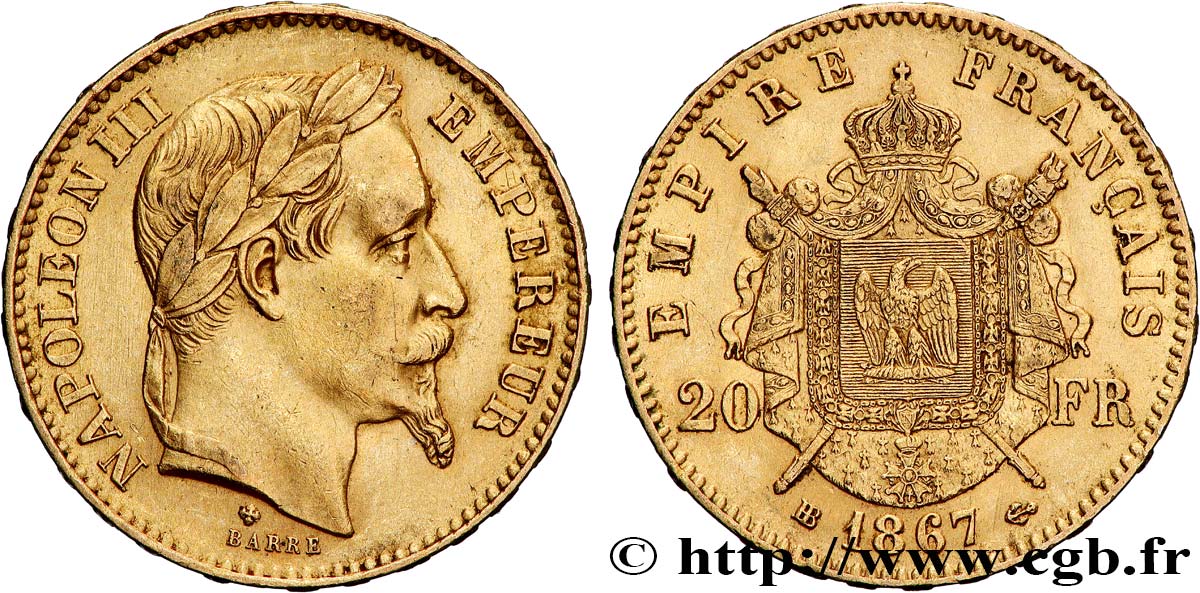 20 francs or Napoléon III, tête laurée 1867 Strasbourg F.532/16 TTB+ 