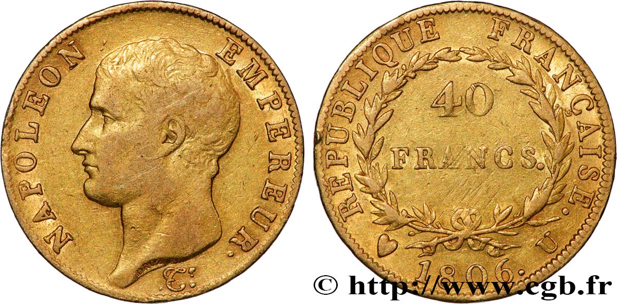 40 francs or Napoléon tête nue, Calendrier grégorien 1806 Turin F.538/4 TB+ 