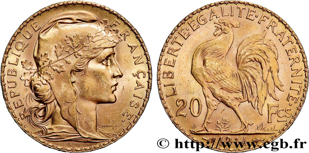 20 francs or Coq, Liberté Égalité Fraternité 1914 Paris F.535/8 SC 
