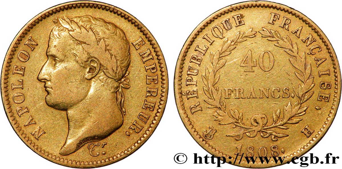 40 francs or Napoléon tête laurée, République française 1808 La Rochelle F.540/3 BC 