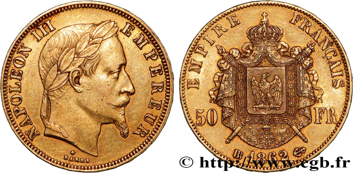 50 francs or Napoléon III, tête laurée 1862 Strasbourg F.548/2 q.SPL 
