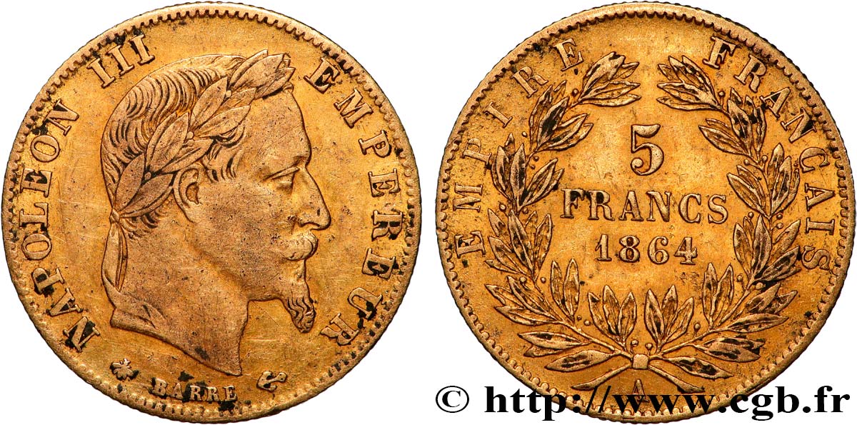5 francs or Napoléon III, tête laurée 1864 Paris F.502/5 fSS 