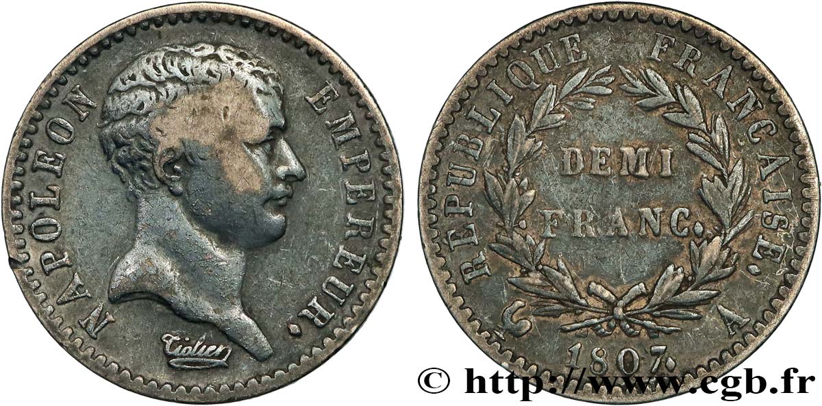 Demi-franc Napoléon Empereur, tête de nègre 1807 Paris F.176/1 TB+ 