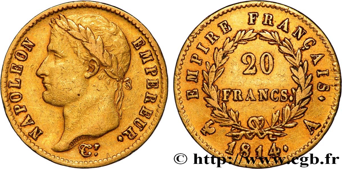 20 francs or Napoléon tête laurée, Empire français 1814 Paris F.516/39 XF40 