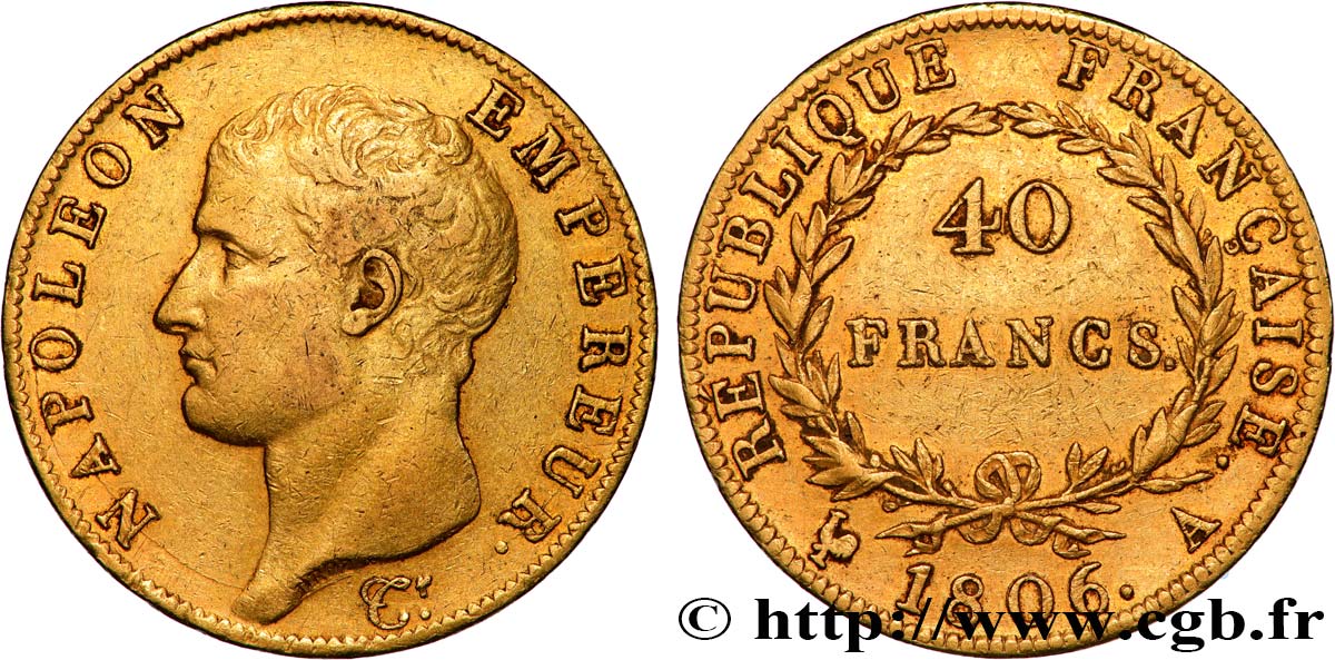 40 francs or Napoléon tête nue, Calendrier grégorien 1806 Paris F.538/1 MBC 