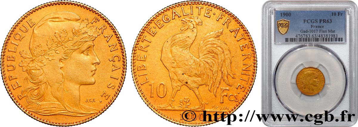 10 francs or Coq, Flan Mat 1900 Paris F.509/4 SC63 PCGS