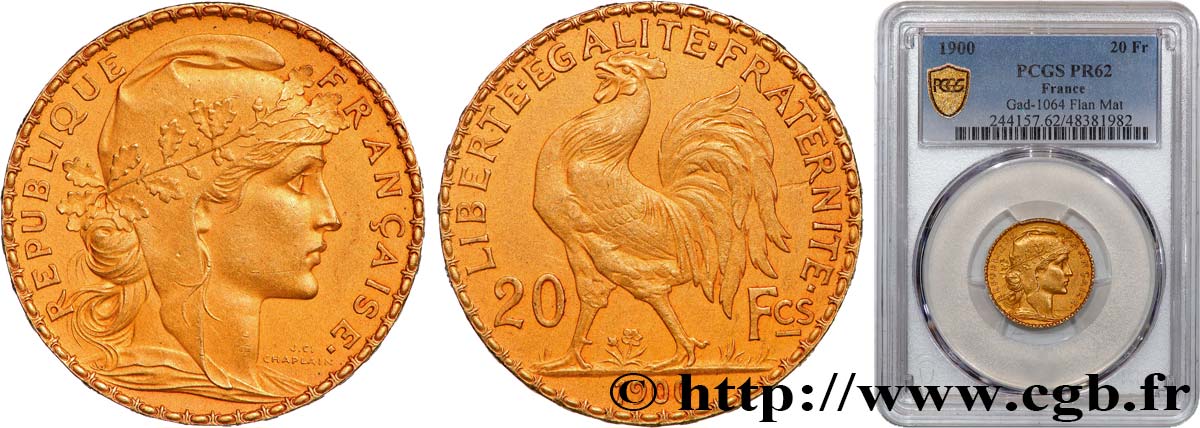 20 francs or Coq, Dieu protège la France, Flan Mat 1900 Paris F.534/5 EBC62 PCGS
