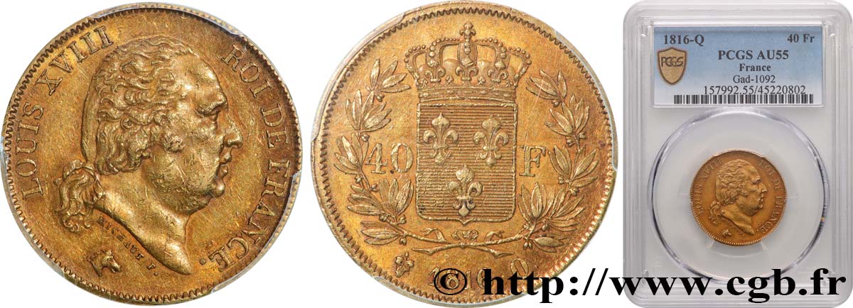40 francs or Louis XVIII 1816 Perpignan F.542/4 VZ55 PCGS
