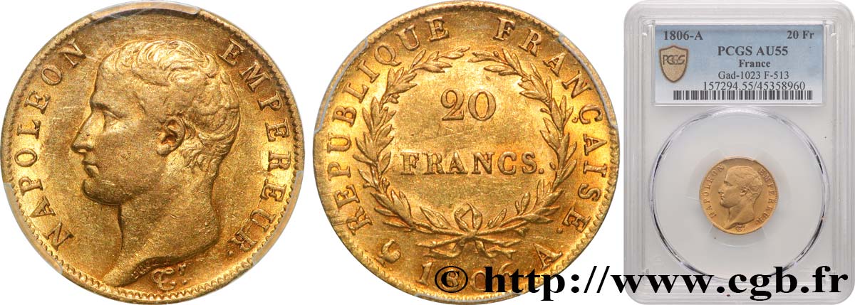 20 francs or Napoléon tête nue, Calendrier grégorien 1806 Paris F.513/1 SUP55 PCGS