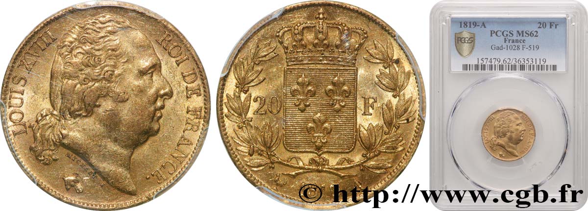 20 francs or Louis XVIII, tête nue 1819 Paris F.519/15 VZ62 PCGS