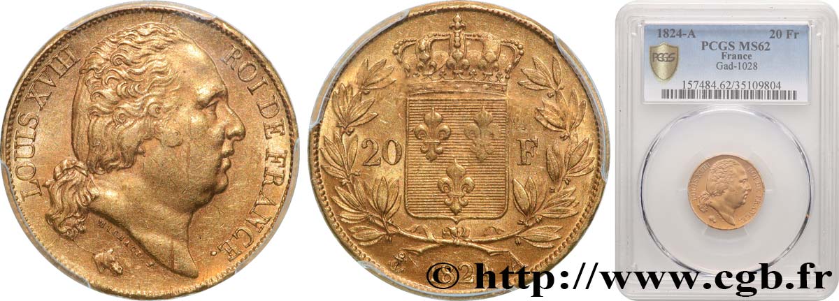 20 francs or Louis XVIII, tête nue 1824 Paris F.519/31 SUP62 PCGS