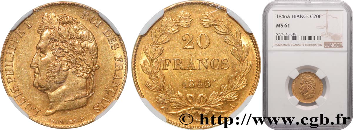 20 francs or Louis-Philippe, Domard 1846 Paris F.527/35 MS61 NGC