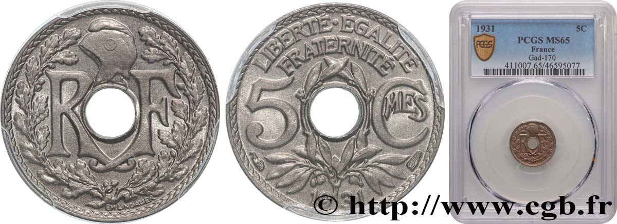 5 centimes Lindauer, petit module 1931 Paris F.122/14 MS65 PCGS