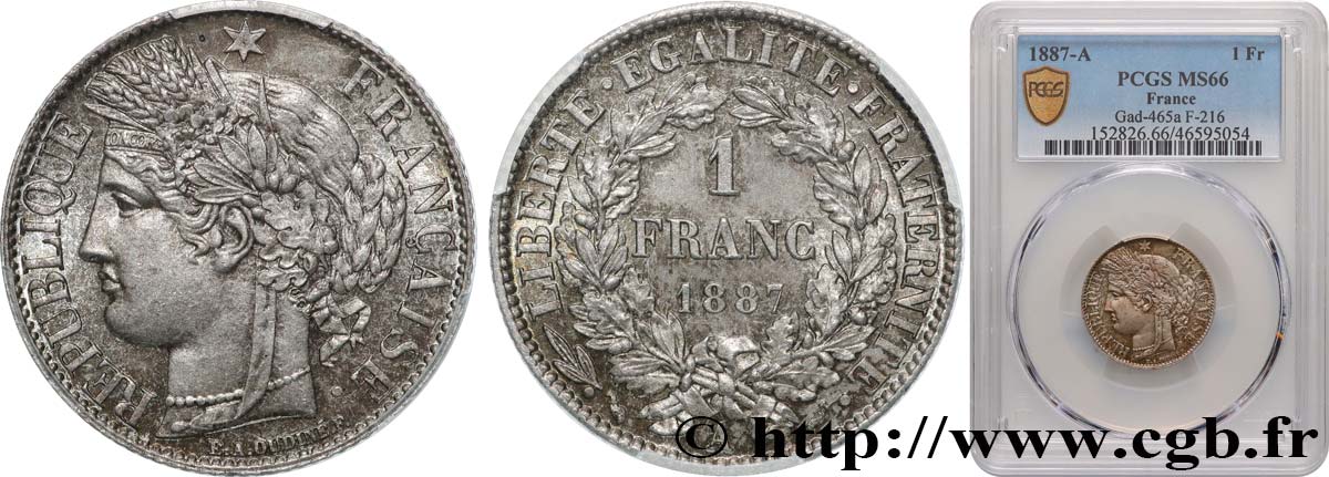 1 franc Cérès, IIIe République 1887 Paris F.216/9 MS66 PCGS