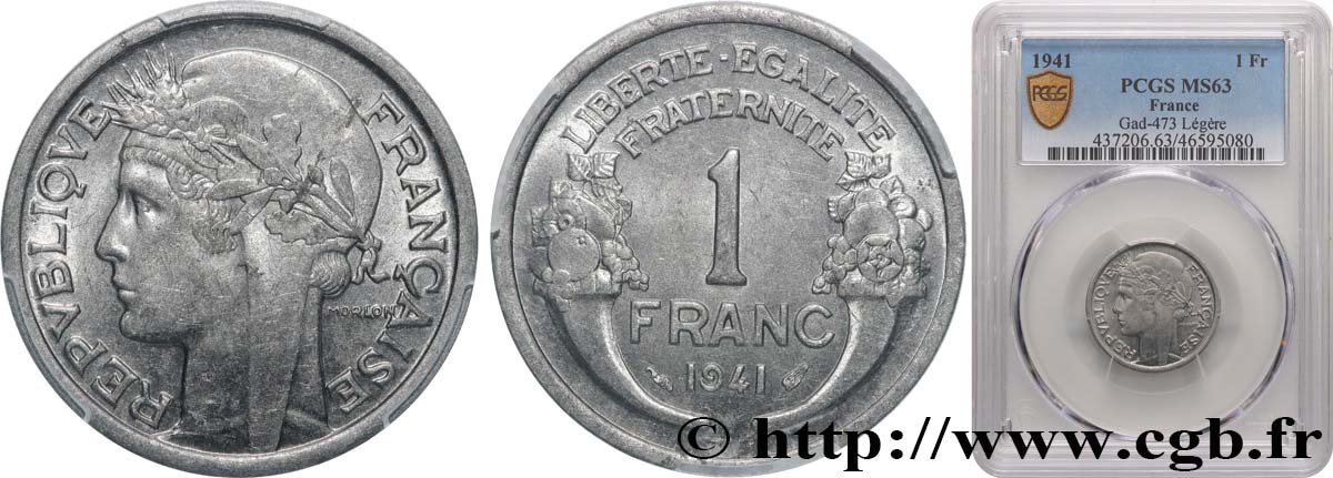1 franc Morlon, légère 1941 Paris F.221/2 MS63 PCGS