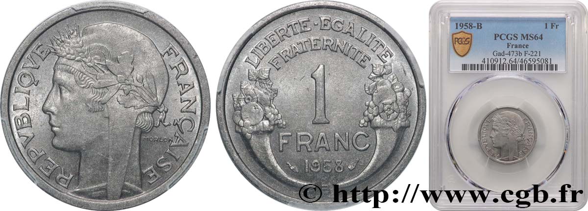 1 franc Morlon, légère 1958 Beaumont-Le-Roger F.221/22 SPL64 PCGS