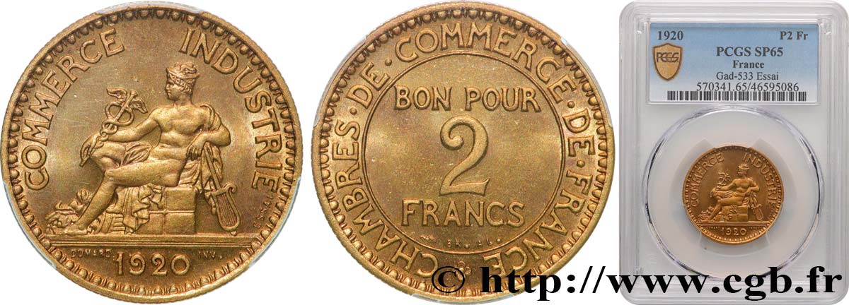 Essai de 2 francs Chambres de Commerce 1920 Paris F.267/1 ST65 PCGS