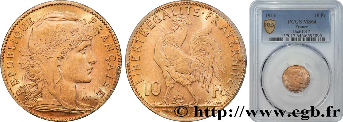 10 francs or Coq 1914 Paris F.509/14 MS64 PCGS
