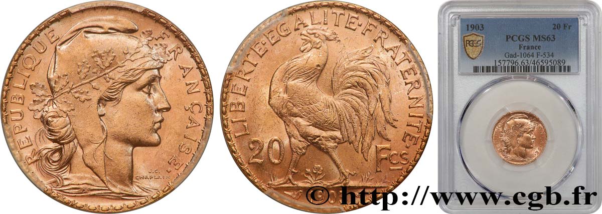 20 francs or Coq, Dieu protège la France 1903 Paris F.534/8 SC63 PCGS