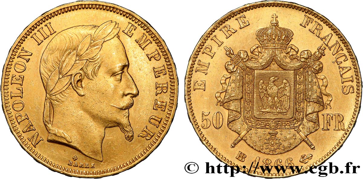 50 francs or Napoléon III, tête laurée 1866 Strasbourg F.548/7 TTB+ 