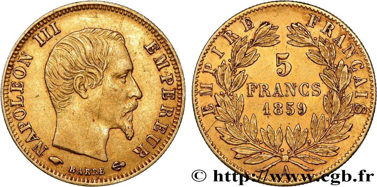 5 francs or Napoléon III, tête nue, grand module 1859 Paris F.501/7 TTB 