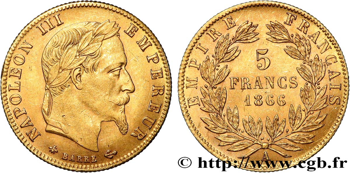 5 francs or Napoléon III, tête laurée 1866 Paris F.502/9 TTB+ 