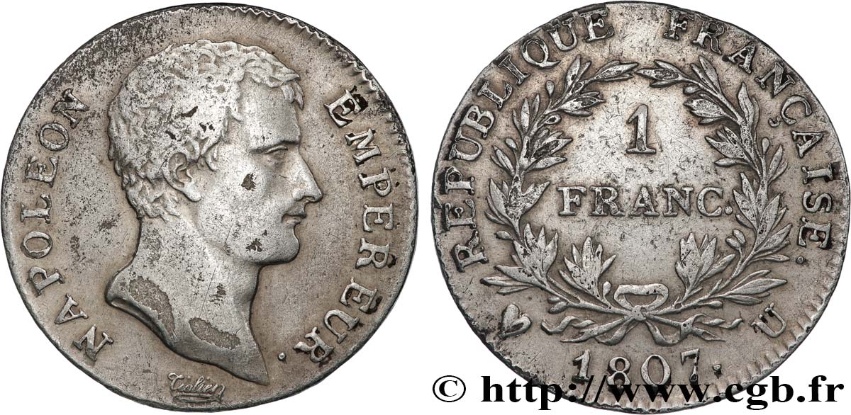 1 franc Napoléon Empereur, Calendrier grégorien 1807 Turin F.202/18 MB 