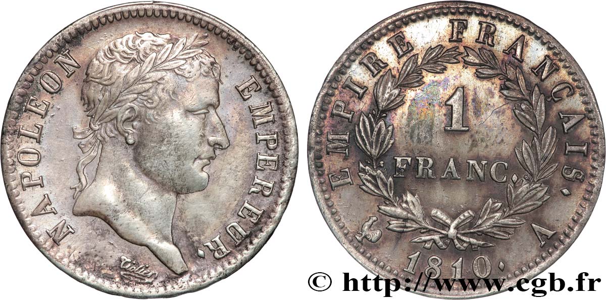 1 franc Napoléon Ier tête laurée, Empire français 1810 Paris F.205/12 XF 