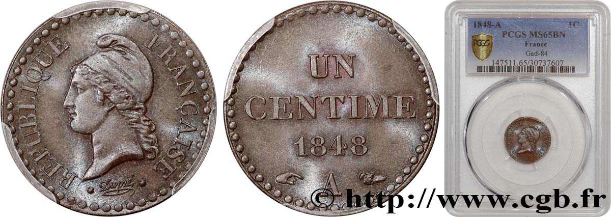 Un centime Dupré, IIe République 1848 Paris F.101/1 MS65 PCGS