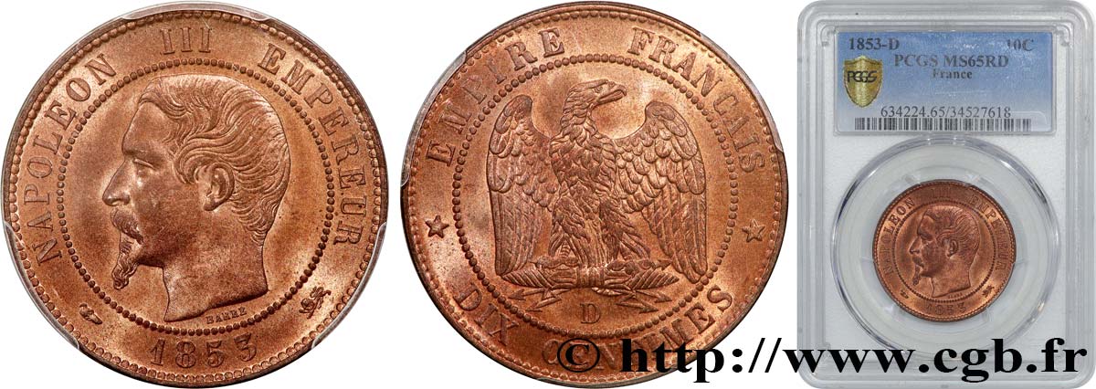Dix centimes Napoléon III, tête nue 1853 Lyon F.133/5 ST65 PCGS