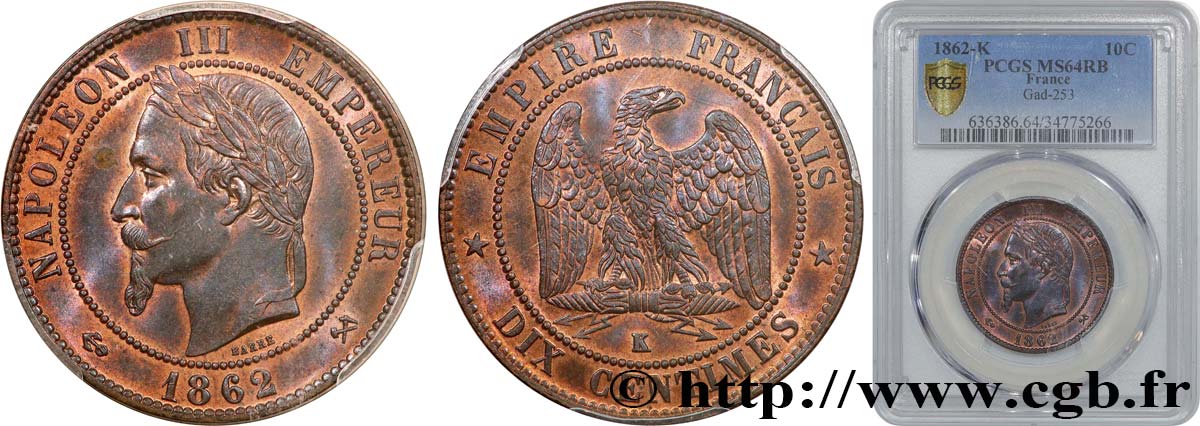 Dix centimes Napoléon III, tête laurée 1862 Bordeaux F.134/9 SC64 PCGS