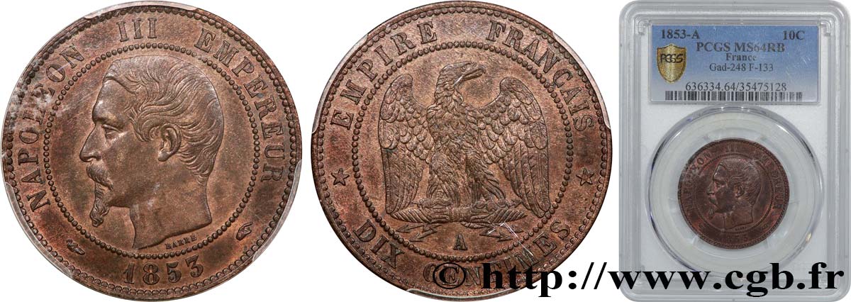 Dix centimes Napoléon III, tête nue 1853 Paris F.133/2 fST64 PCGS