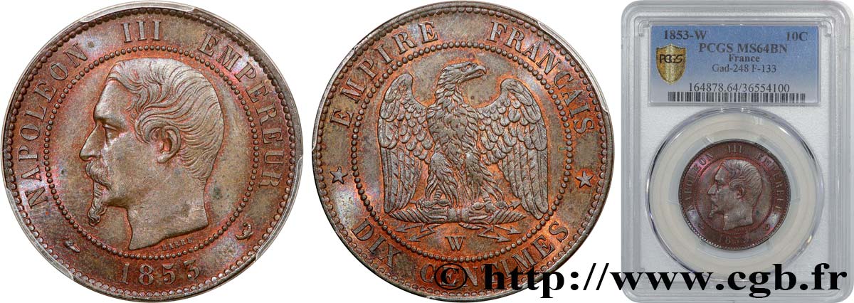 Dix centimes Napoléon III, tête nue 1853 Lille F.133/10 MS64 PCGS