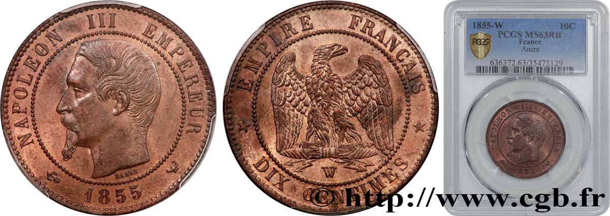 Dix centimes Napoléon III, tête nue 1855 Lille F.133/33 SC63 PCGS
