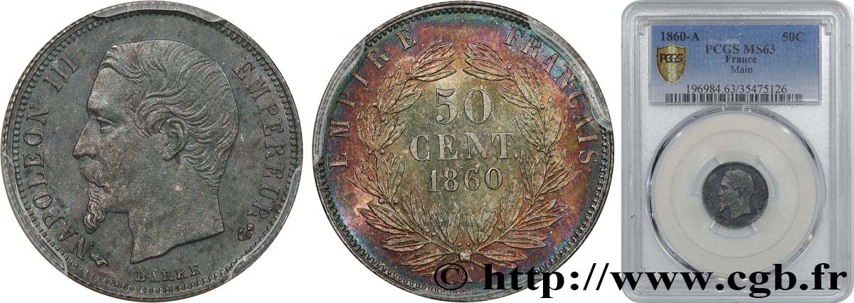 50 centimes Napoléon III, tête nue 1860 Paris F.187/13 SPL63 PCGS