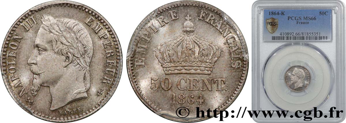 50 centimes Napoléon III, tête laurée 1864 Bordeaux F.188/4 MS66 PCGS