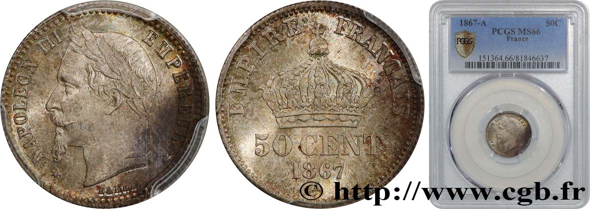 50 centimes Napoléon III, tête laurée 1867 Paris F.188/13 FDC66 PCGS