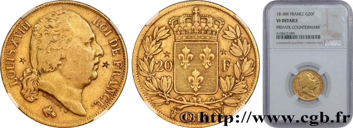 20 francs or Louis XVIII, tête nue, contremarqué 1818 Lille F.519/14 TB NGC