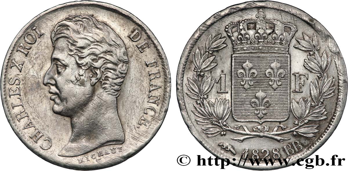 1 franc Charles X, matrice du revers à cinq feuilles 1828 Strasbourg F.207/39 q.SPL 