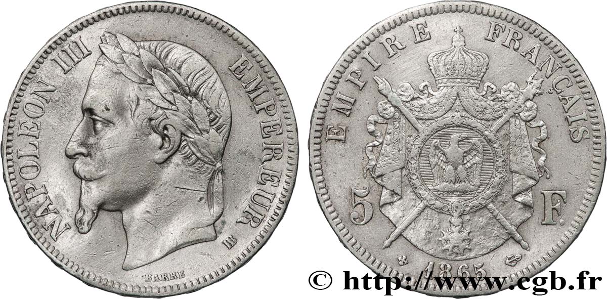 5 francs Napoléon III, tête laurée 1865 Strasbourg F.331/8 BC 