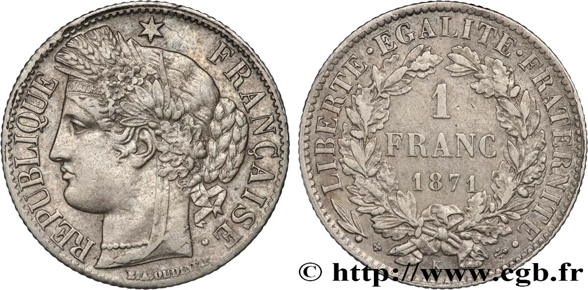 1 franc Cérès, IIIe République 1871 Bordeaux F.216/3 MBC 