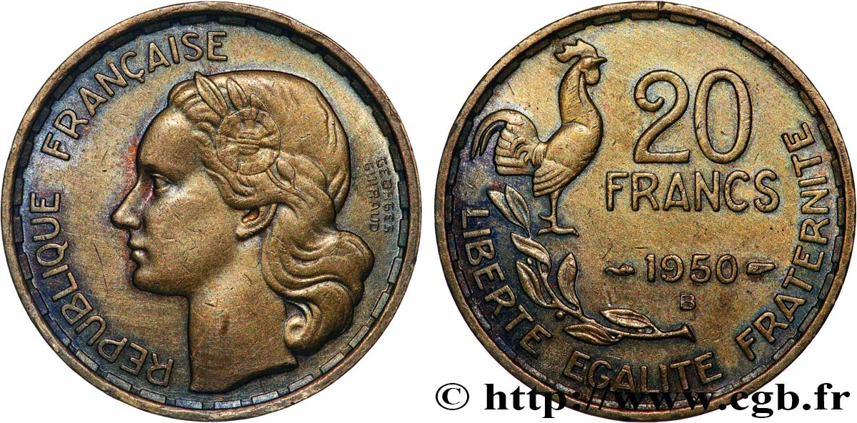 Pièce France 20 Francs Guiraud 1950 ESSAI SPL, Bronze-aluminium, Tirage 1700 Ex