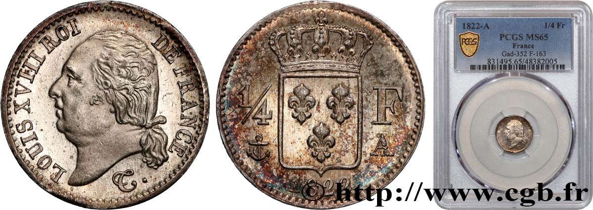 1/4 franc Louis XVIII 1822 Paris F.163/21 ST65 PCGS