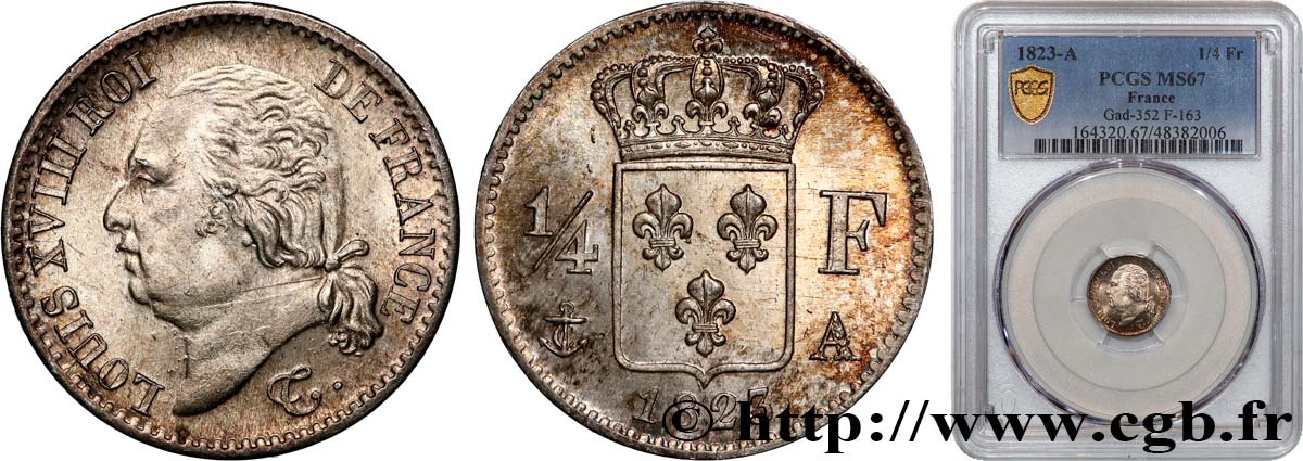 1/4 franc Louis XVIII 1823 Paris F.163/24 ST67 PCGS