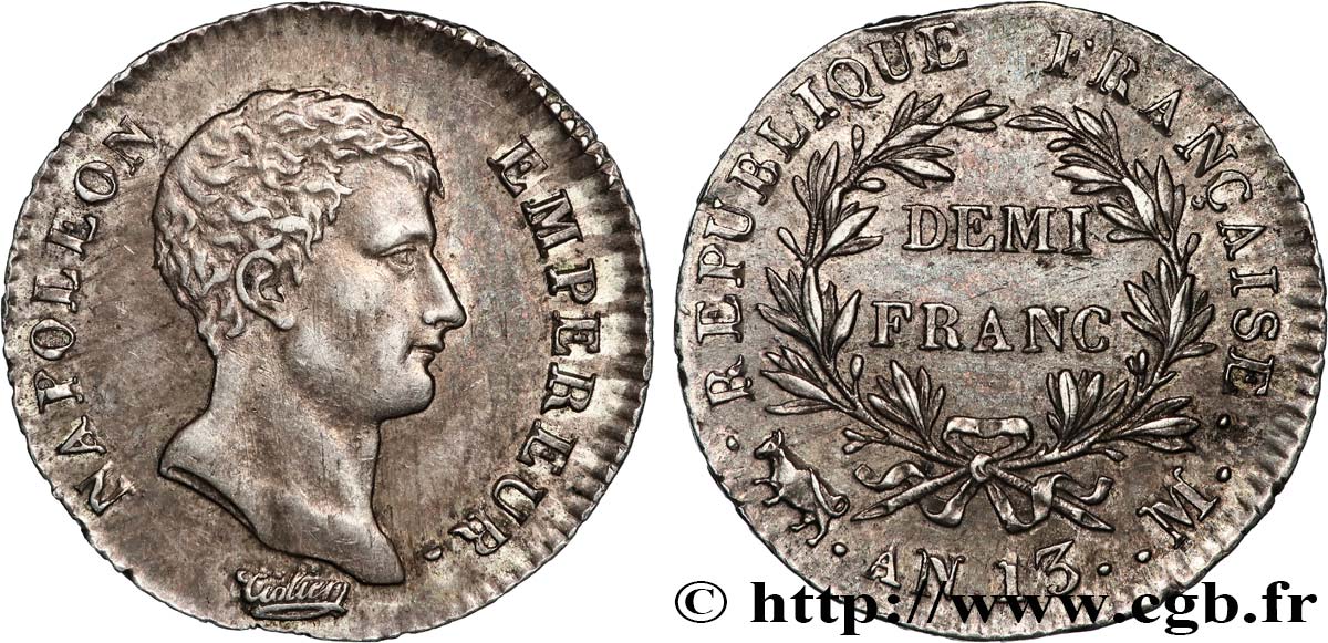 Demi-franc Napoléon Empereur, Calendrier révolutionnaire 1805 Toulouse F.174/20 EBC55 