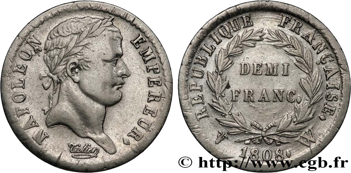 Demi-franc Napoléon Ier tête laurée, République française 1808 Lille F.177/16 BB 