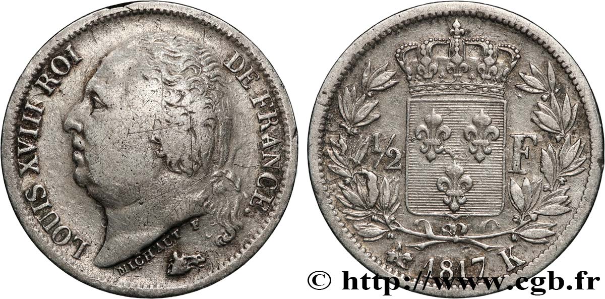 1/2 franc Louis XVIII 1817 Bordeaux F.179/12 BC/MBC 
