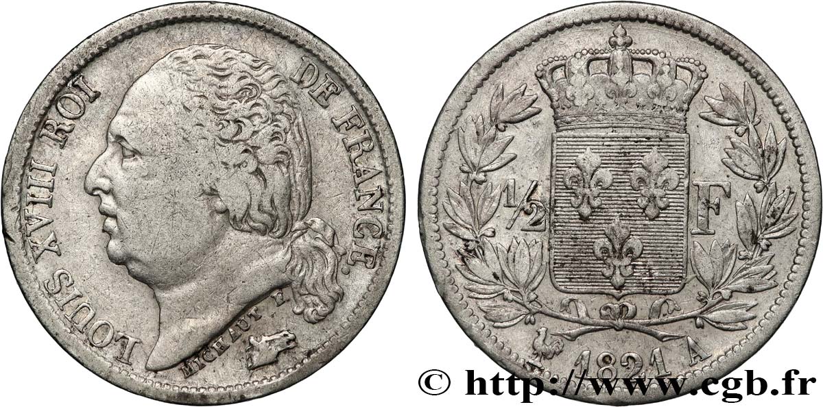 1/2 franc Louis XVIII 1821 Paris F.179/28 VF 