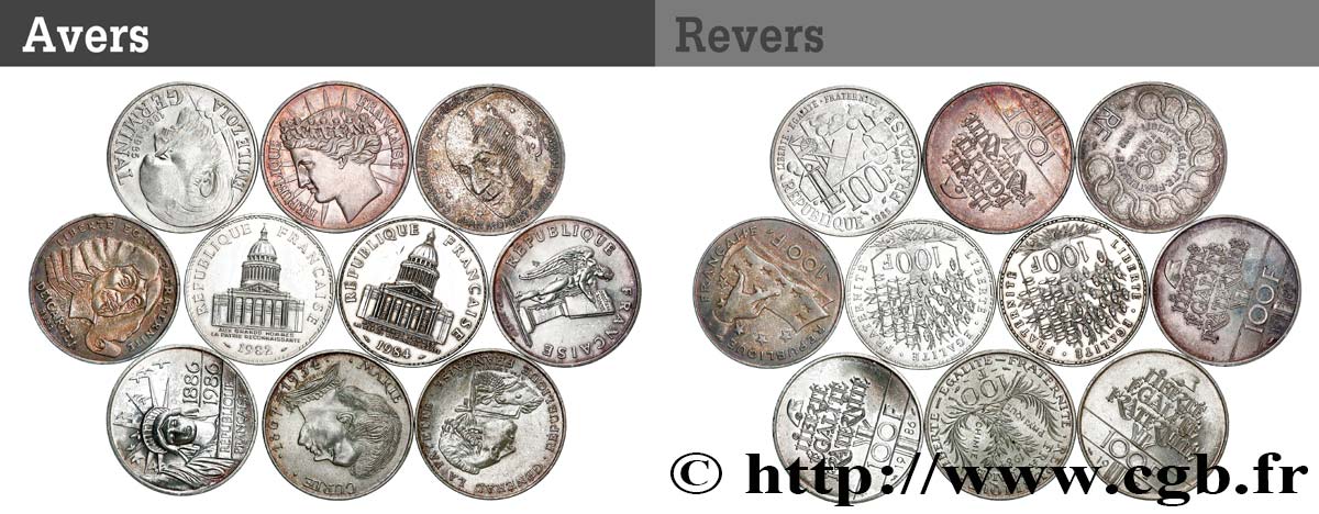 Lot de 10 pièces de 100 francs commémoratives - - F.-/ XF 