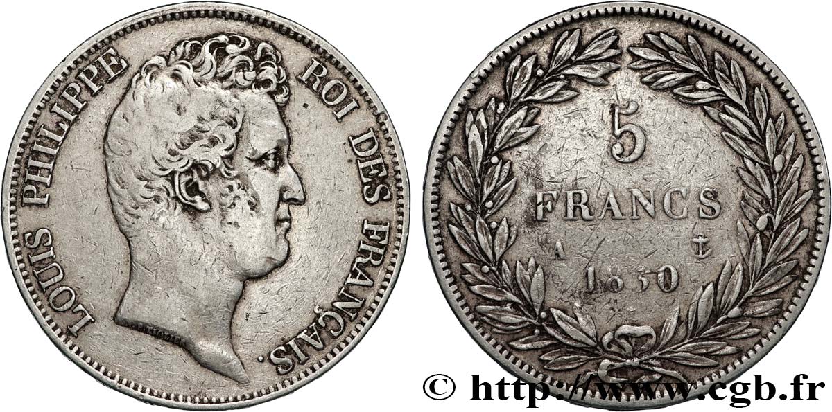5 francs type Tiolier sans le I, tranche en relief 1830  Paris F.314/1 VF 